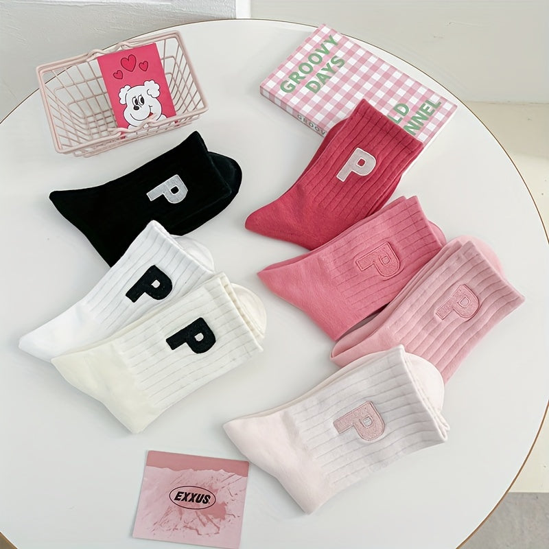 7 Pairs Letter Pattern Ribbed Socks, Comfy & Soft Mid Tube Socks, Women's Stockings & Hosiery