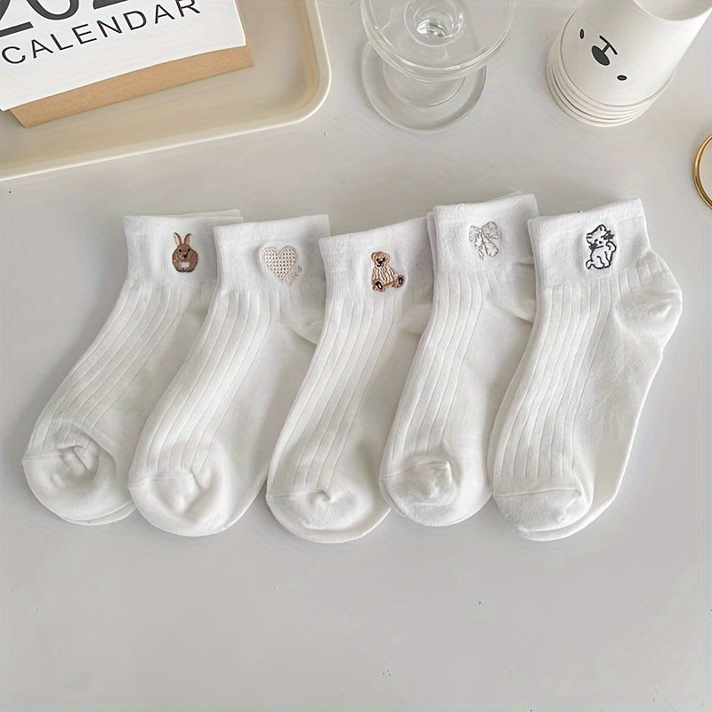 5/10 Pairs Embroidery Socks, Cute & Breathable Crew Socks, Women's Stockings & Hosiery