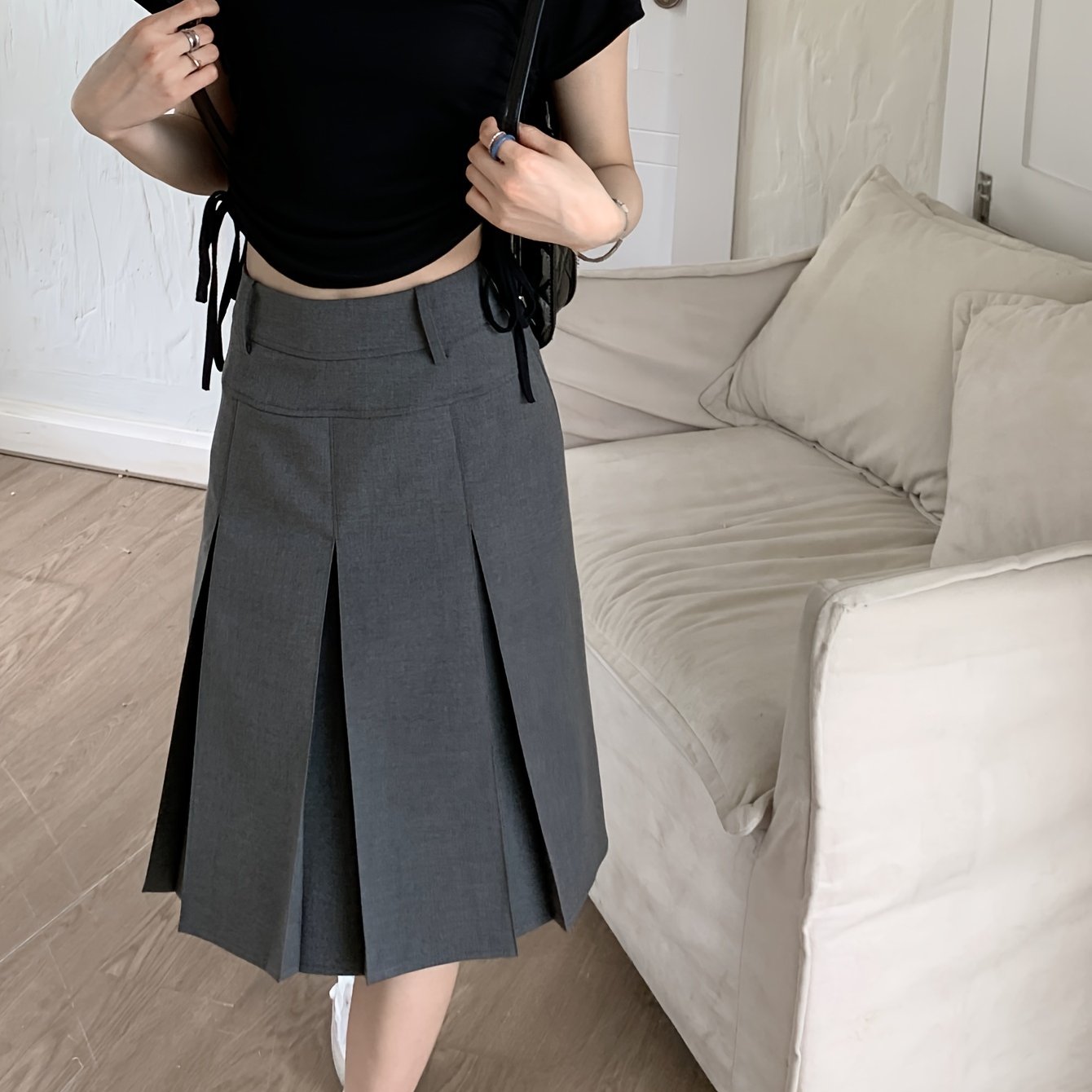 Elegant High Waist Midi Skirt for Women - Perfect for Spring and Fall Fashion - Solid Pleated A-Line Design