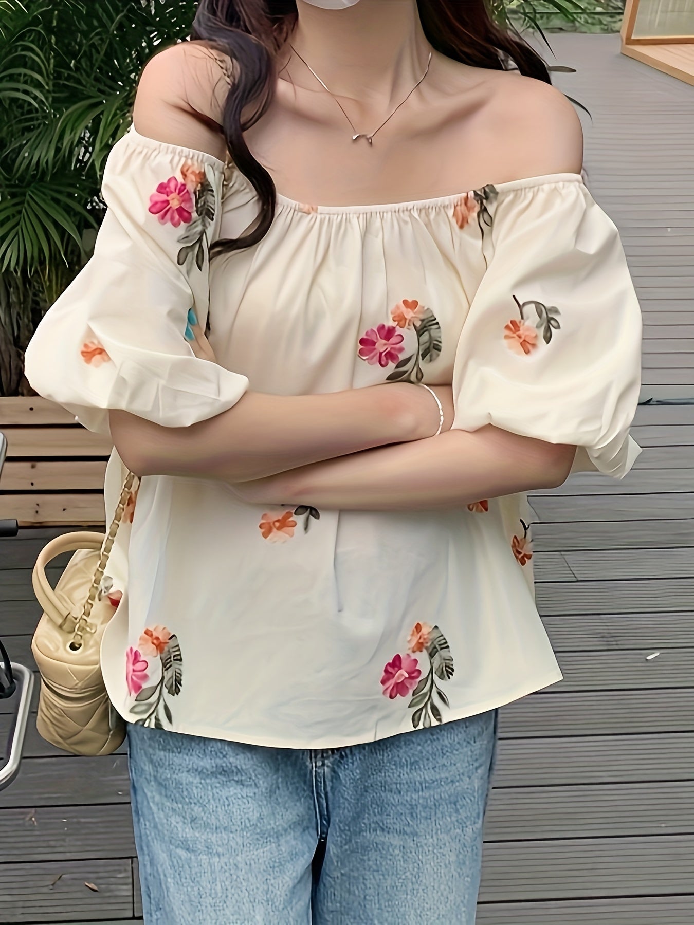 Floral Pattern Off Shoulder Blouse, Elegant Puff Sleeve Summer Blouse, Women's Clothing