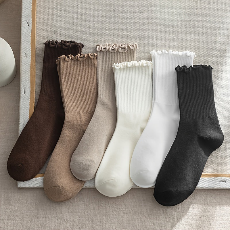 6 Pairs Solid Ribbed Socks, Simple & Comfy JK Style Lettuce Trim Socks, Women's Stockings & Hosiery