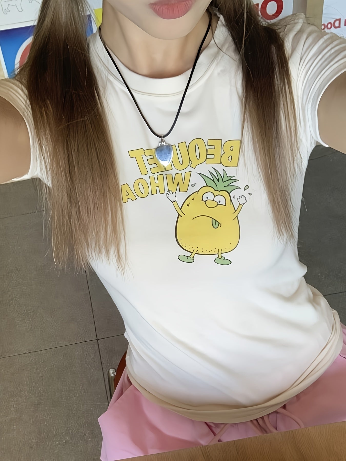 Cartoon Pineapple & Letter Print Cute T-shirt, Crew Neck Short Sleeve Top For Spring & Summer, Women's Clothing