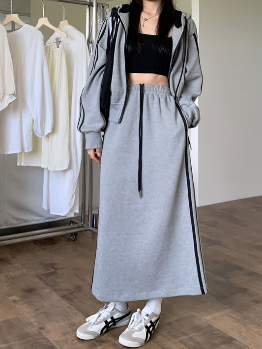 two-piece Women's Striped Trim Skirt Set with Zip Up Long Sleeve Outerwear and Drawstring Skirt - Stylish and Comfortable Outfit for Any Occasion