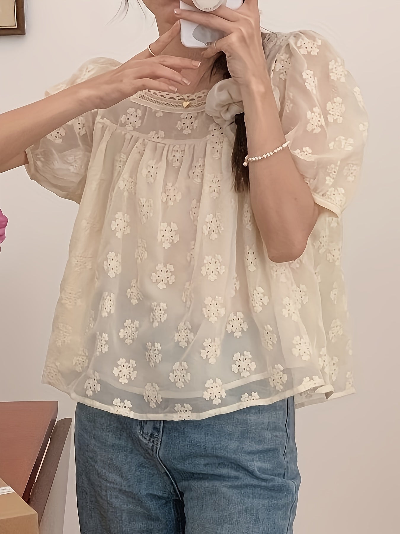 Eyelet Embroidered Square Neck Blouse, Elegant Short Sleeve Loose Blouse For Spring & Summer, Women's Clothing