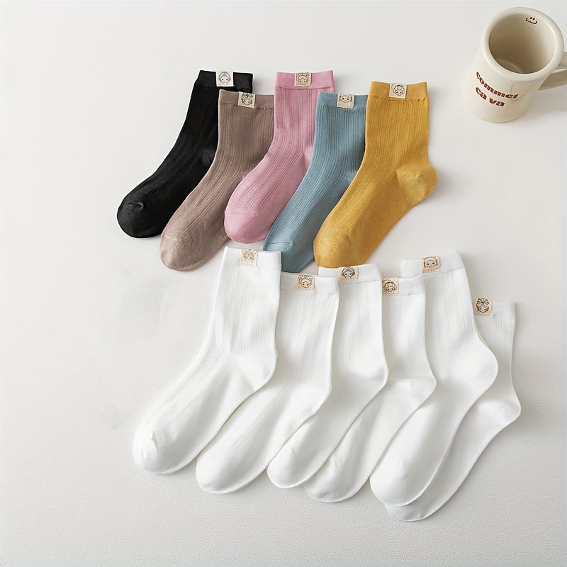 6 Pairs Cartoon Patched Socks, Cute & Breathable Mid Tube Socks, Women's Stockings & Hosiery