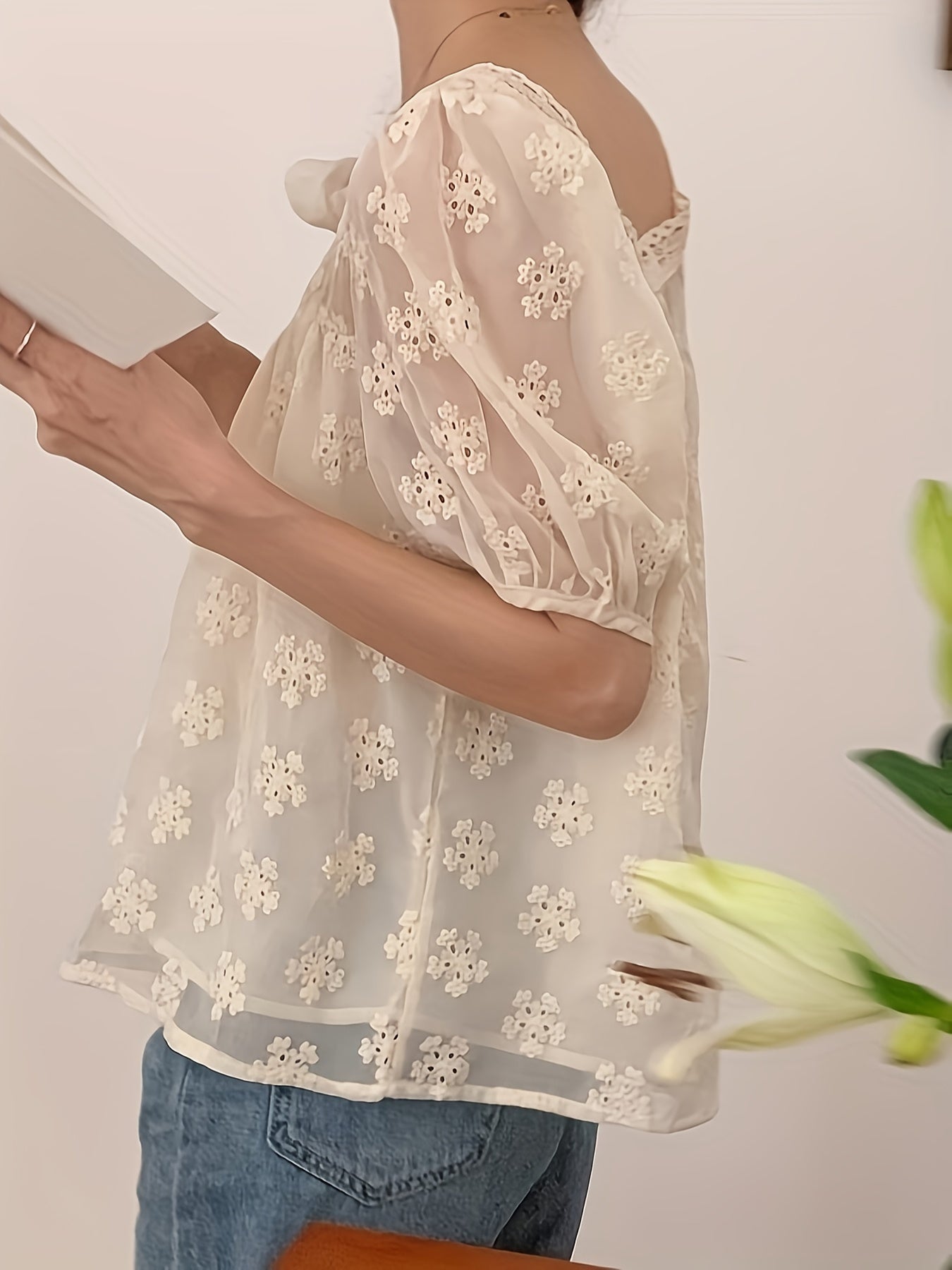 Eyelet Embroidered Square Neck Blouse, Elegant Short Sleeve Loose Blouse For Spring & Summer, Women's Clothing