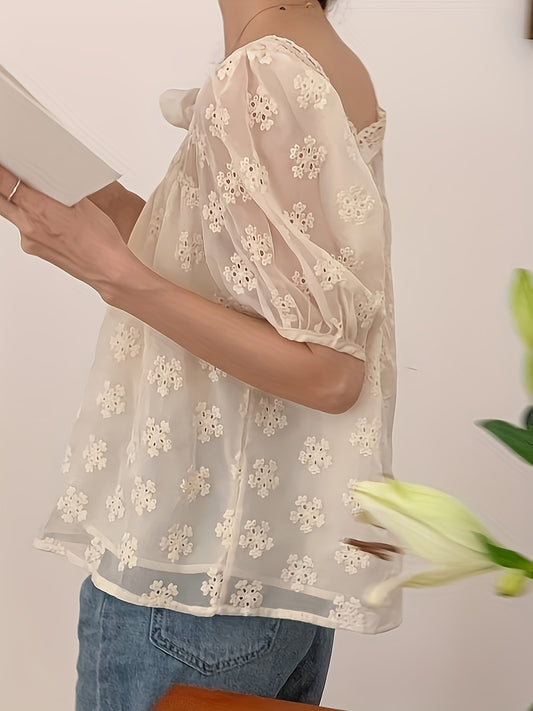 Eyelet Embroidered Square Neck Blouse, Elegant Short Sleeve Loose Blouse For Spring & Summer, Women's Clothing