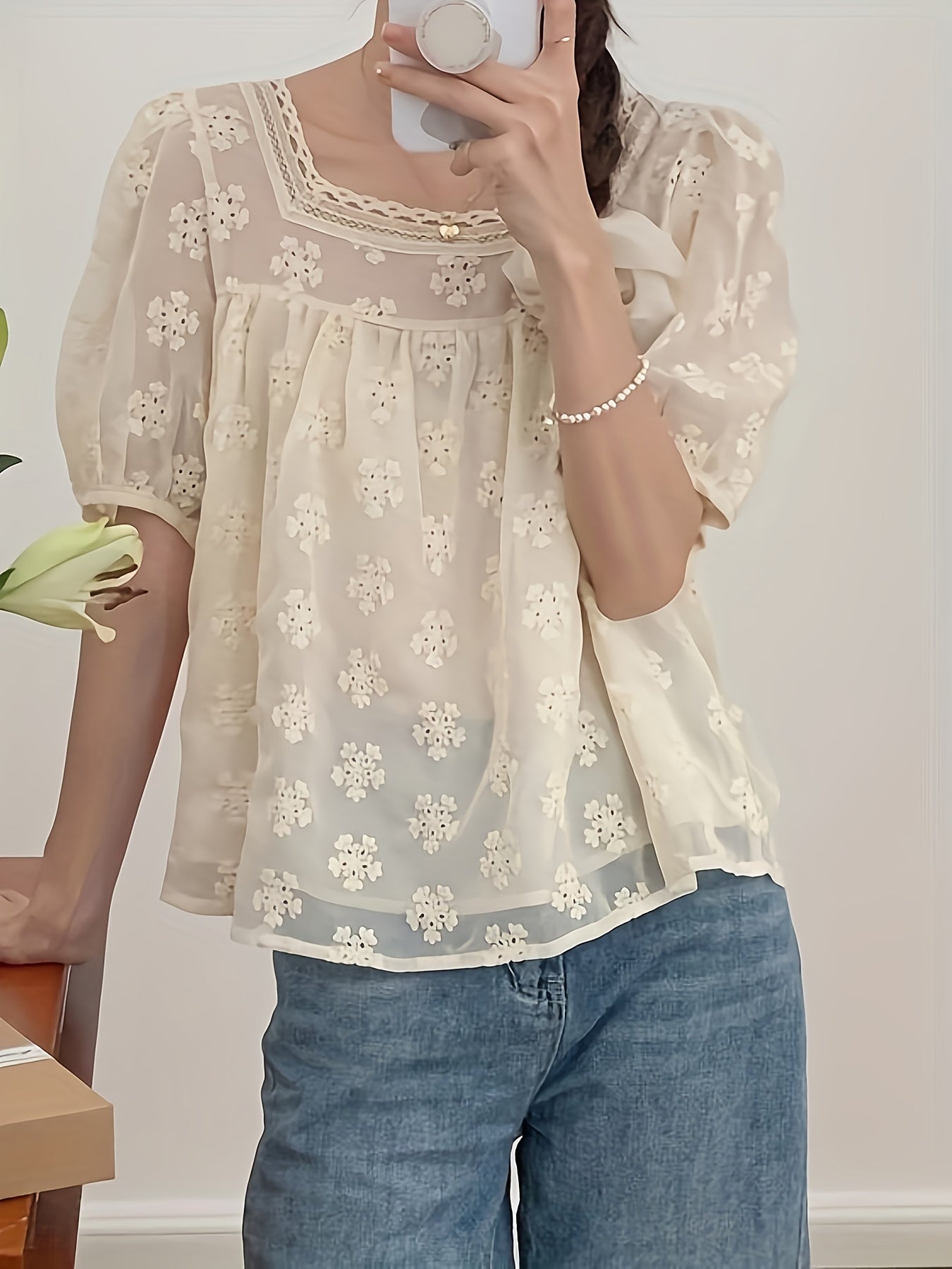 Eyelet Embroidered Square Neck Blouse, Elegant Short Sleeve Loose Blouse For Spring & Summer, Women's Clothing