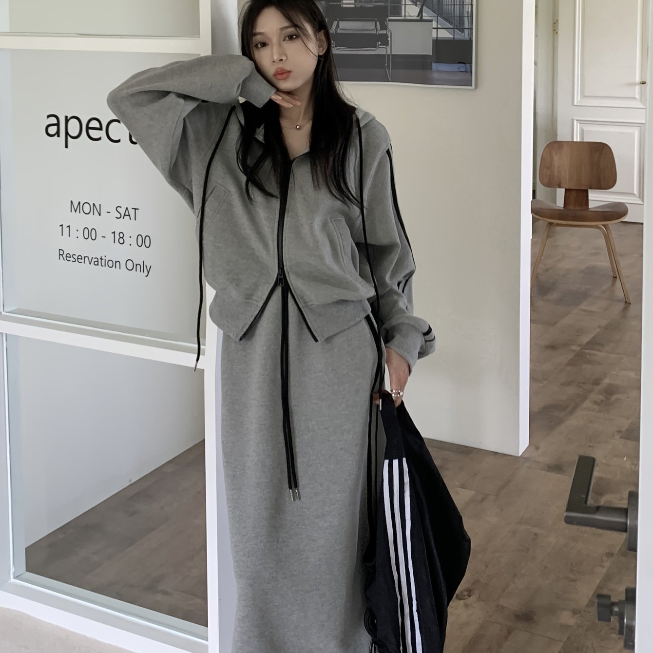 two-piece Women's Striped Trim Skirt Set with Zip Up Long Sleeve Outerwear and Drawstring Skirt - Stylish and Comfortable Outfit for Any Occasion