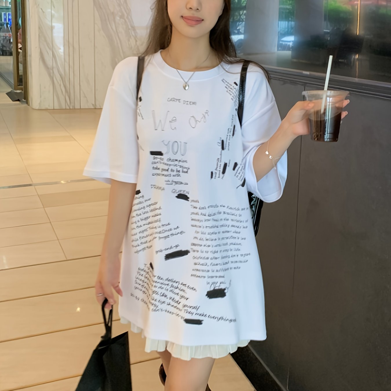 Letter Print Crew Neck T-Shirt, Casual Drop Shoulder Loose T-Shirt For Spring & Summer, Women's Clothing