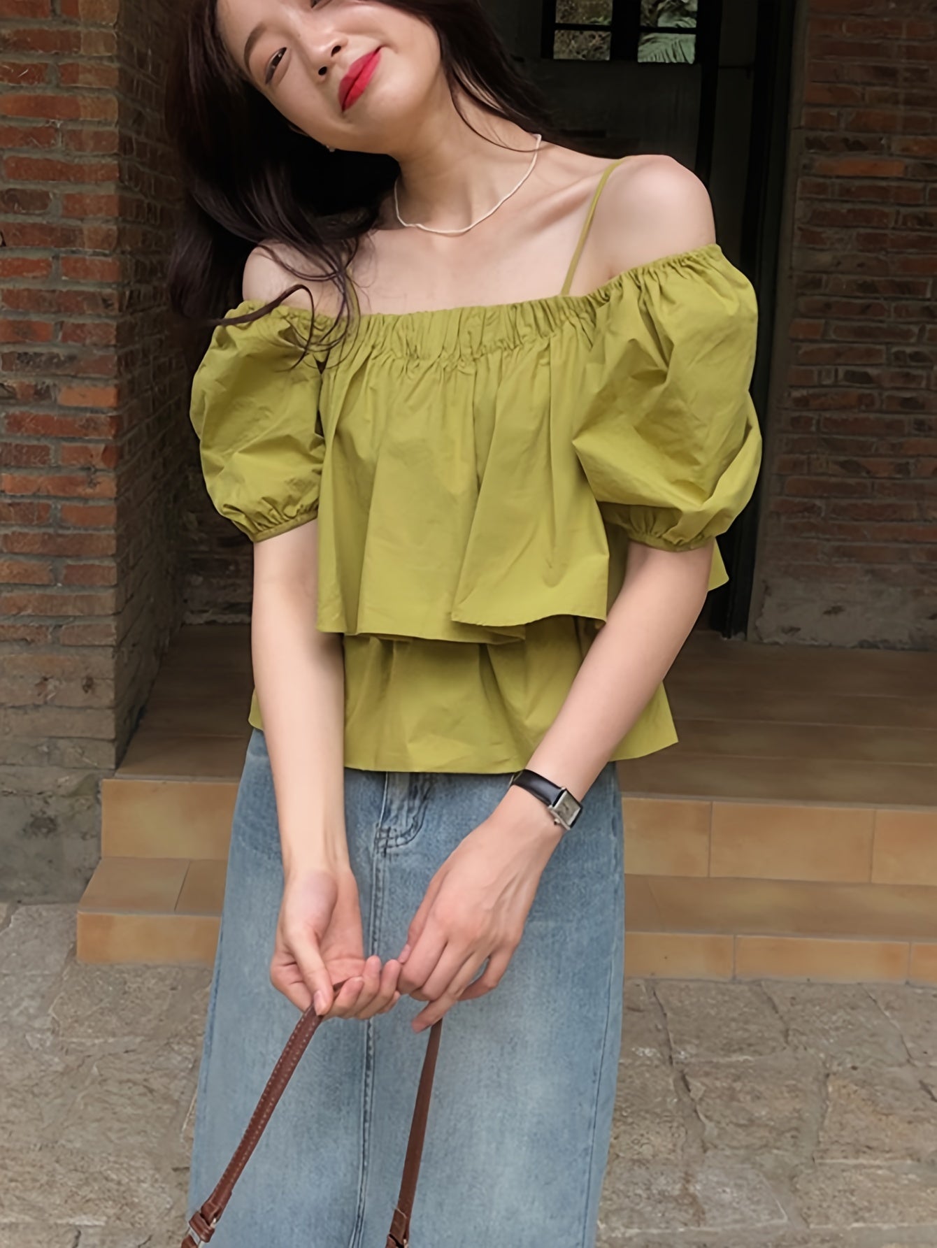 Off-shoulder Tiered Blouse, Casual Short Puff Sleeve Blouse For Spring & Summer, Women's Clothing