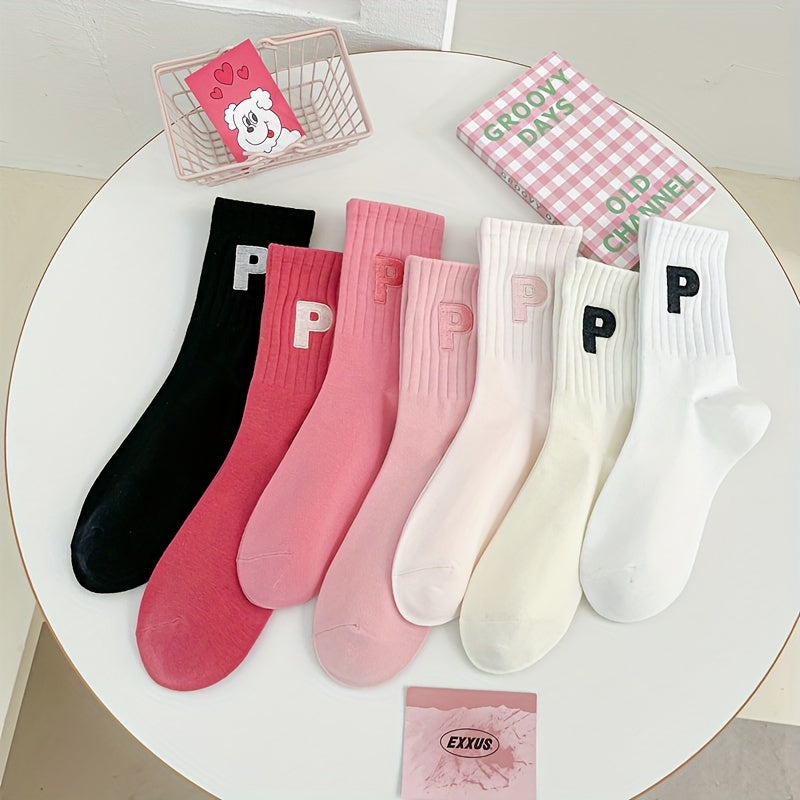 7 Pairs Letter Pattern Ribbed Socks, Comfy & Soft Mid Tube Socks, Women's Stockings & Hosiery