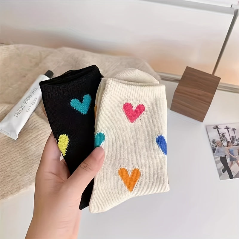 4 Pairs Colorful Heart Print Socks, Cute & Breathable Mid Tube Socks For Valentine's Day, Women's Stockings & Hosiery