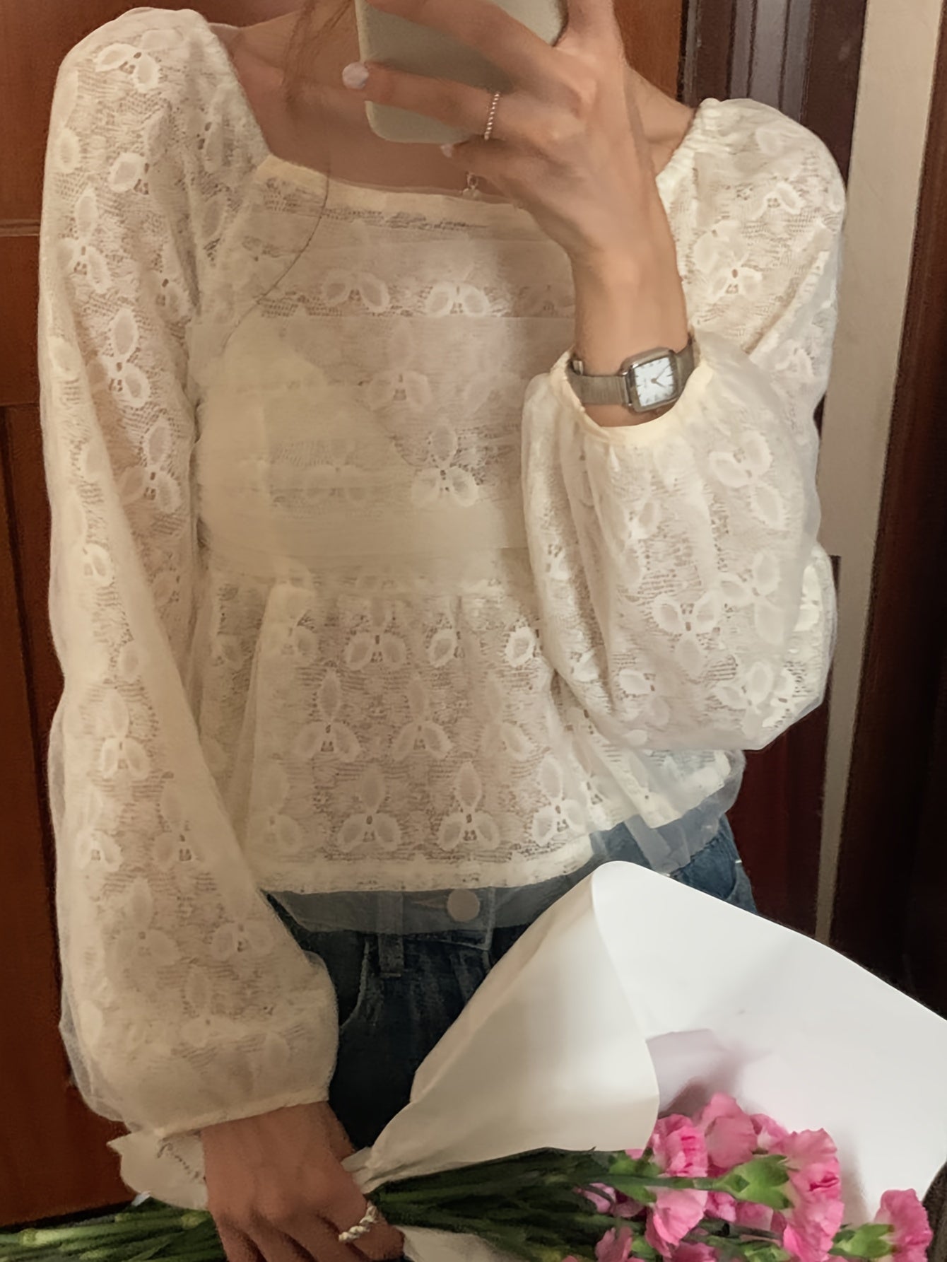 Solid Square Neck Blouse, Elegant Long Sleeve Blouse For Spring & Fall, Women's Clothing