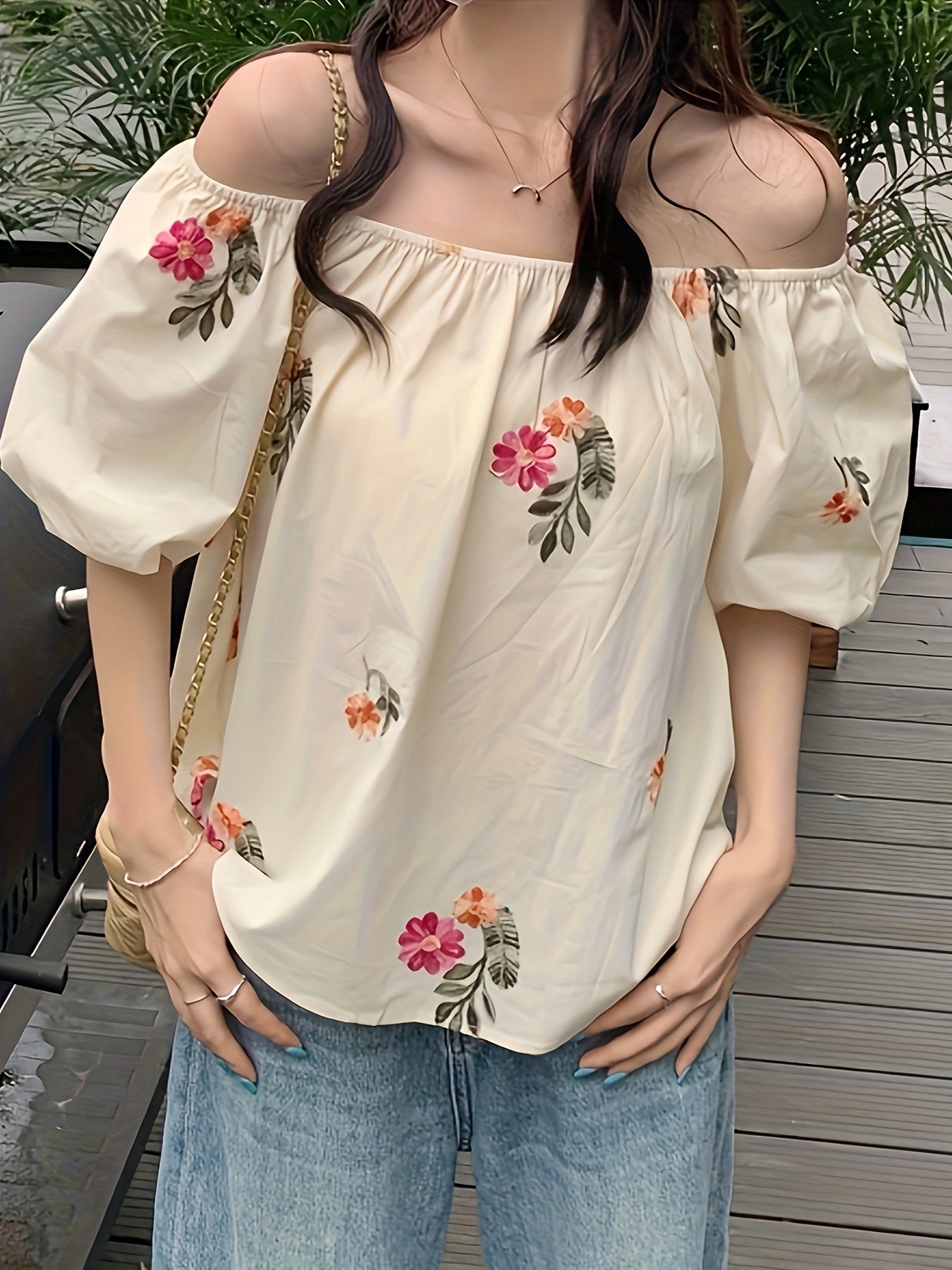 Floral Pattern Off Shoulder Blouse, Elegant Puff Sleeve Summer Blouse, Women's Clothing