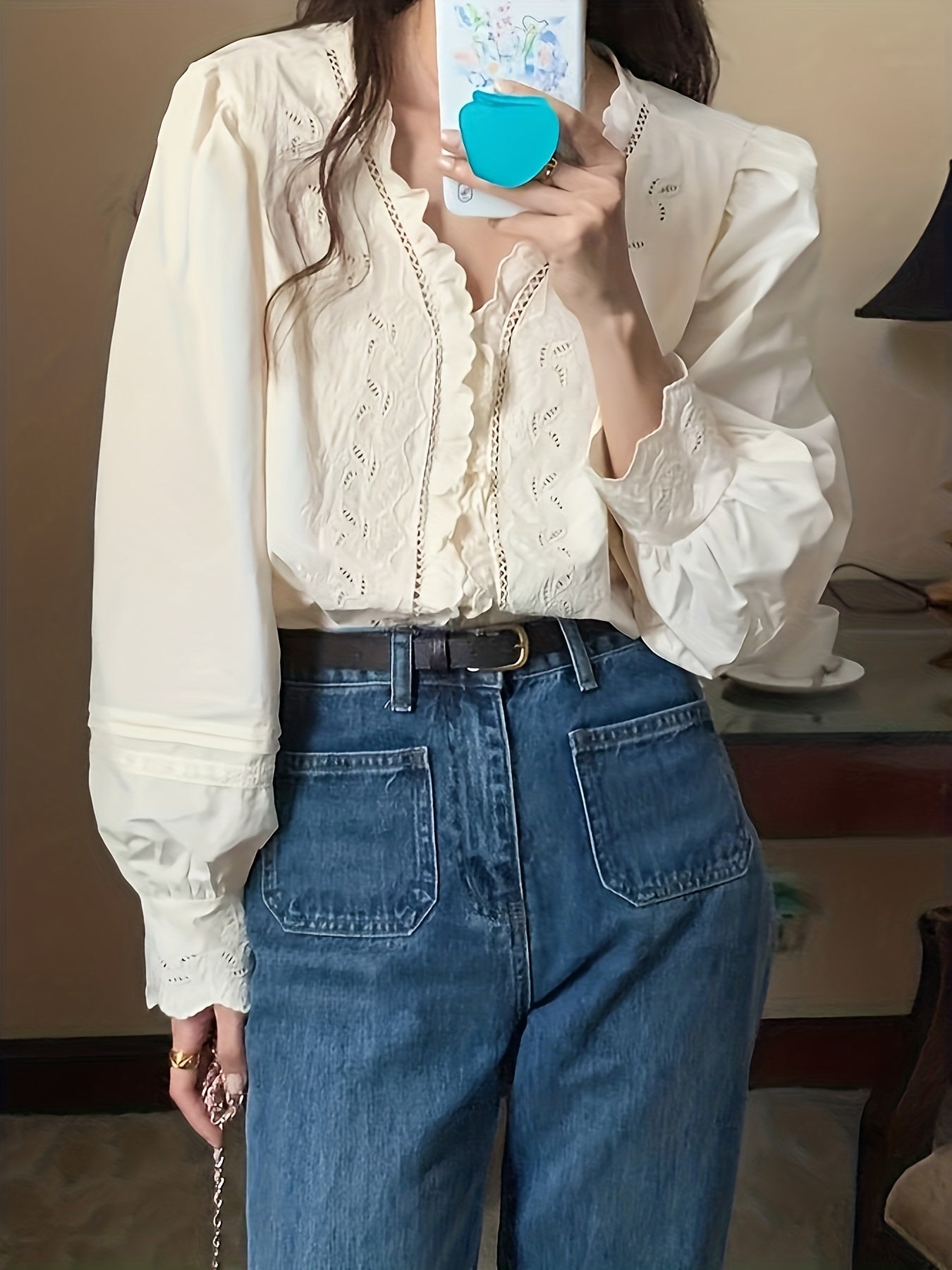 Solid Scallop Trim Hollow Out Blouse, Elegant V-neck Long Sleeve Blouse For Spring & Fall, Women's Clothing