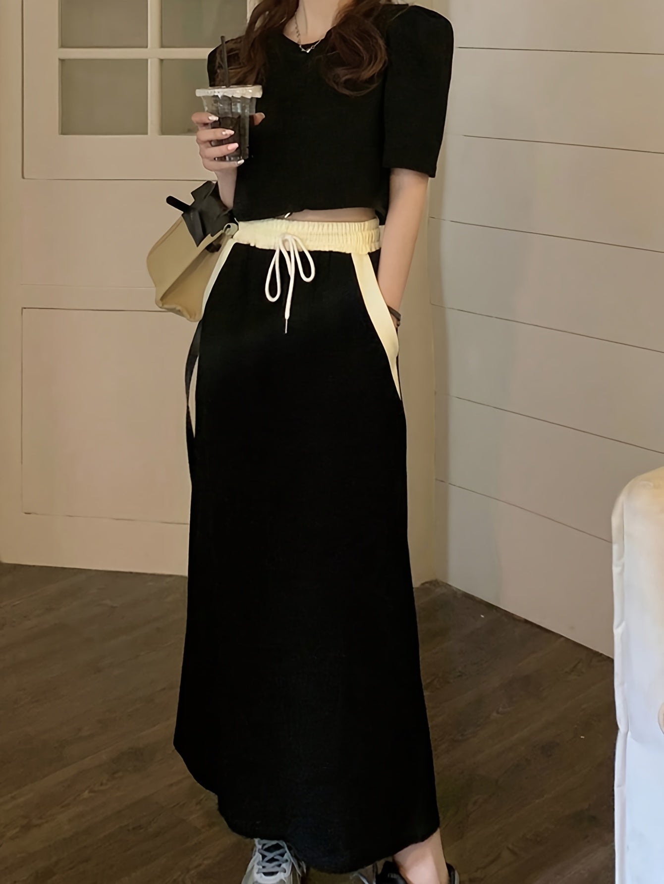 Casual Fashion Skirt Set, Solid Puff Sleeve Crop Top & Color Block Drawstring Slant Pocket Maxi Skirt Outfits, Women's Clothing