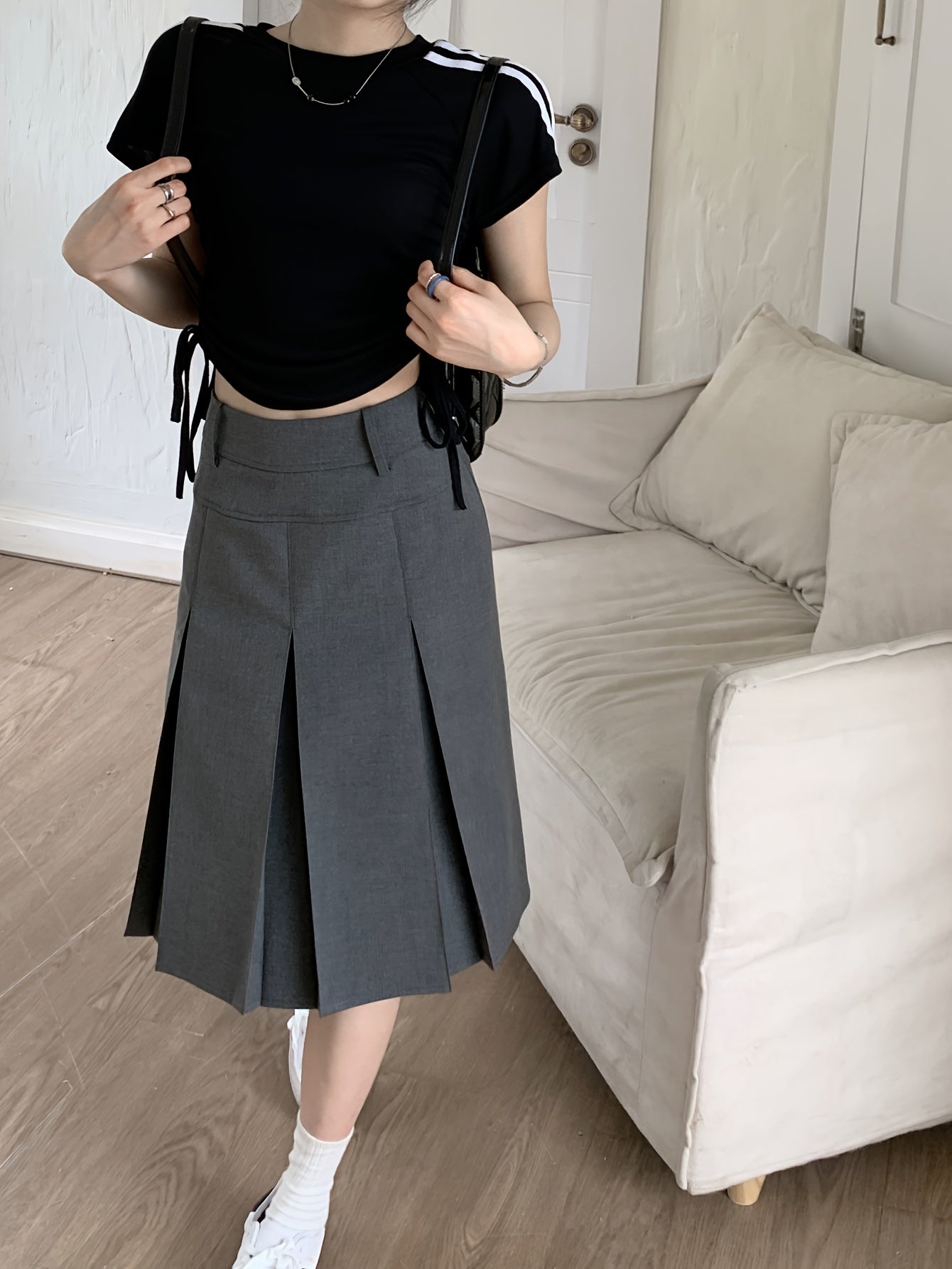 Elegant High Waist Midi Skirt for Women - Perfect for Spring and Fall Fashion - Solid Pleated A-Line Design