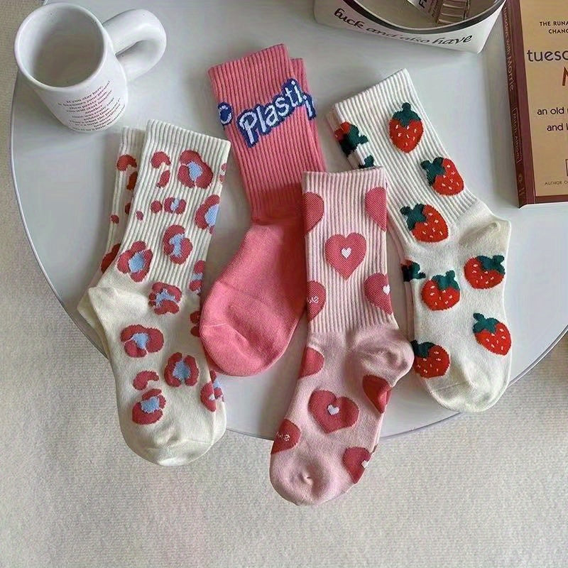 4 Pairs Cartoon Print Socks, Comfy & Cute Mid Tube Socks, Women's Stockings & Hosiery