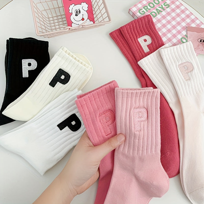 7 Pairs Letter Pattern Ribbed Socks, Comfy & Soft Mid Tube Socks, Women's Stockings & Hosiery