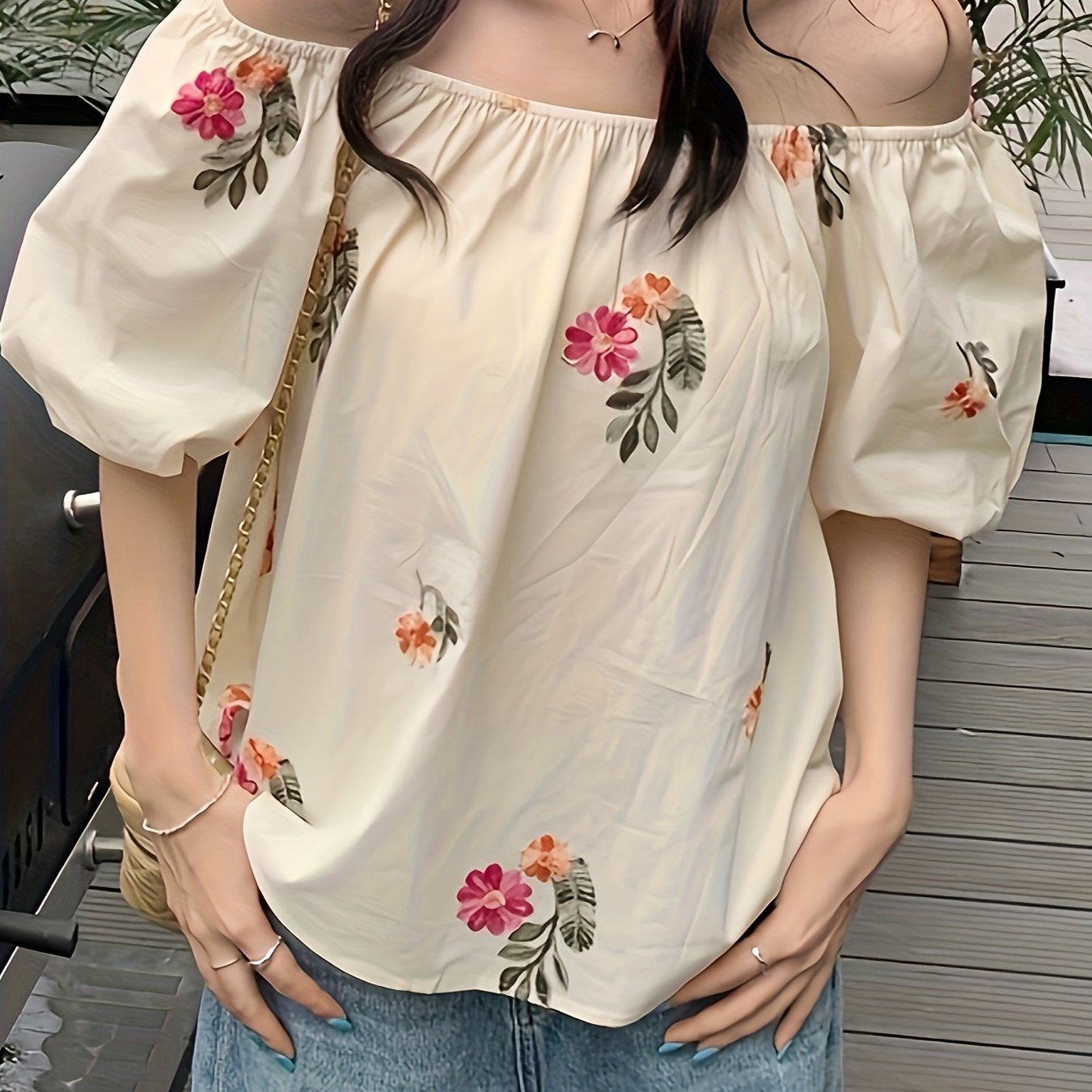 Floral Pattern Off Shoulder Blouse, Elegant Puff Sleeve Summer Blouse, Women's Clothing