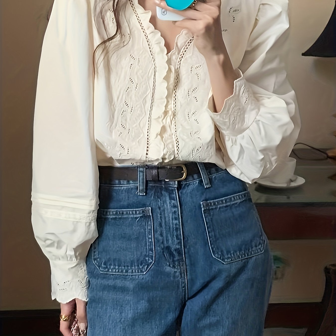 Solid Scallop Trim Hollow Out Blouse, Elegant V-neck Long Sleeve Blouse For Spring & Fall, Women's Clothing