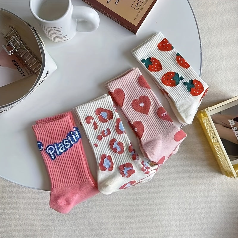 4 Pairs Cartoon Print Socks, Comfy & Cute Mid Tube Socks, Women's Stockings & Hosiery