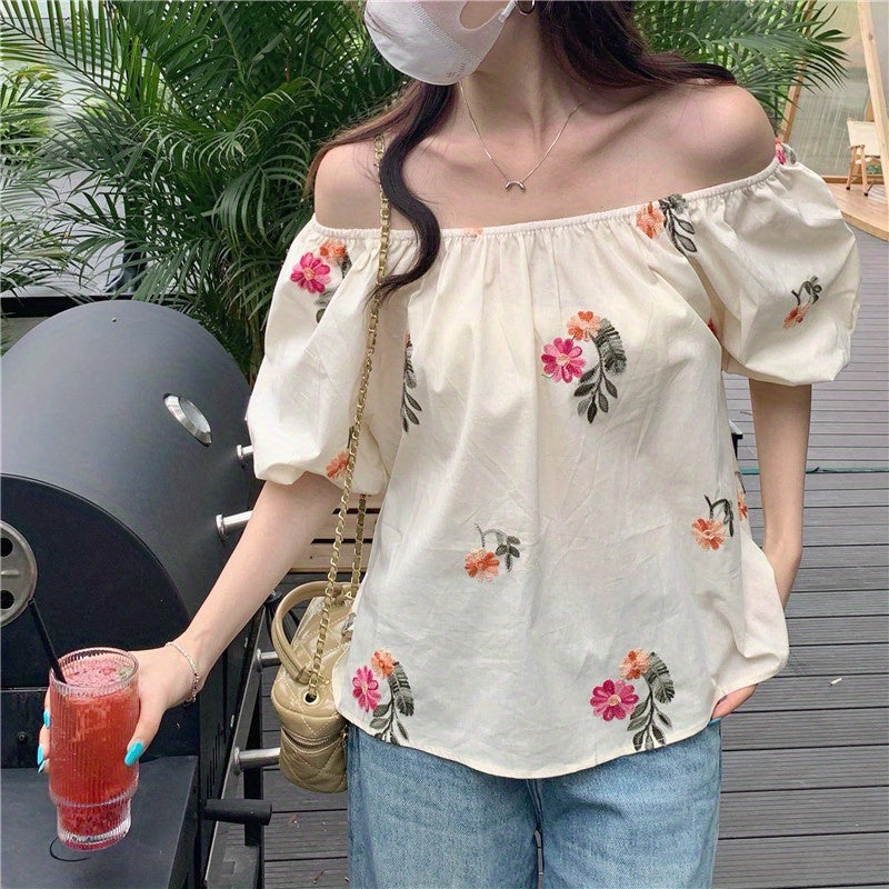 Floral Pattern Off Shoulder Blouse, Elegant Puff Sleeve Summer Blouse, Women's Clothing