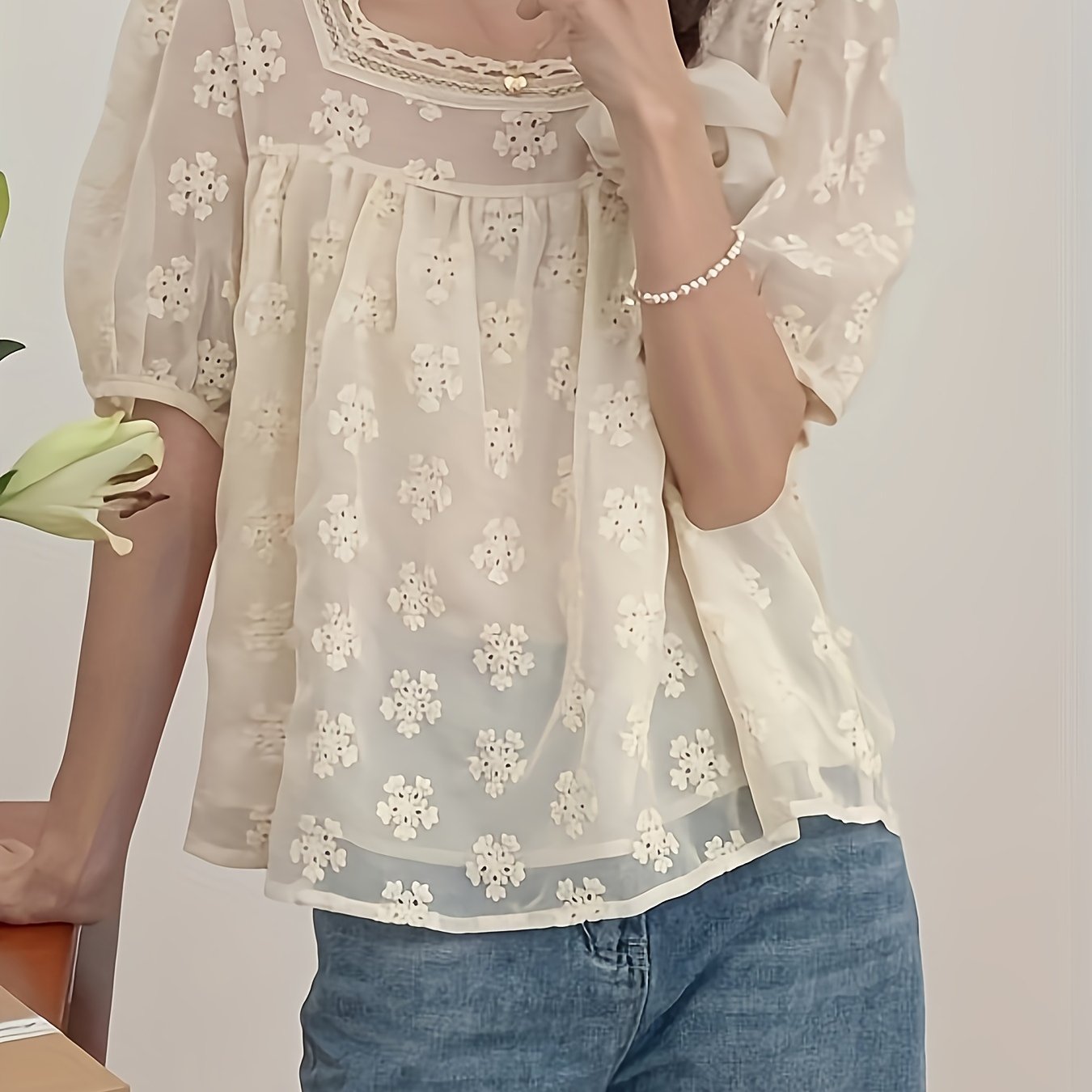 Eyelet Embroidered Square Neck Blouse, Elegant Short Sleeve Loose Blouse For Spring & Summer, Women's Clothing