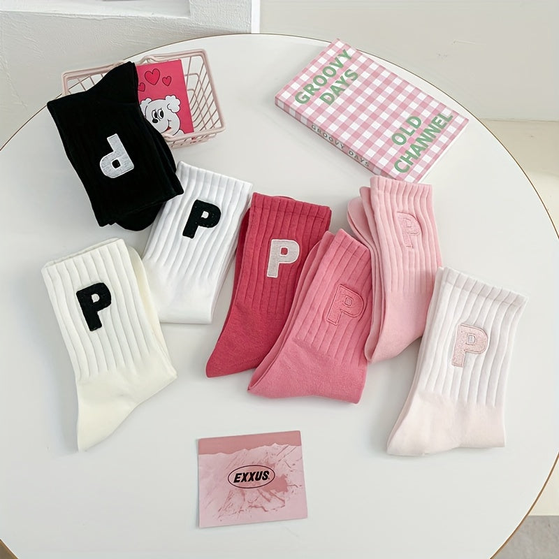 7 Pairs Letter Pattern Ribbed Socks, Comfy & Soft Mid Tube Socks, Women's Stockings & Hosiery