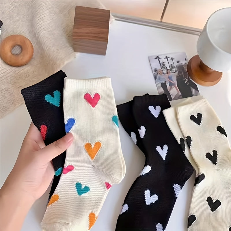 4 Pairs Colorful Heart Print Socks, Cute & Breathable Mid Tube Socks For Valentine's Day, Women's Stockings & Hosiery