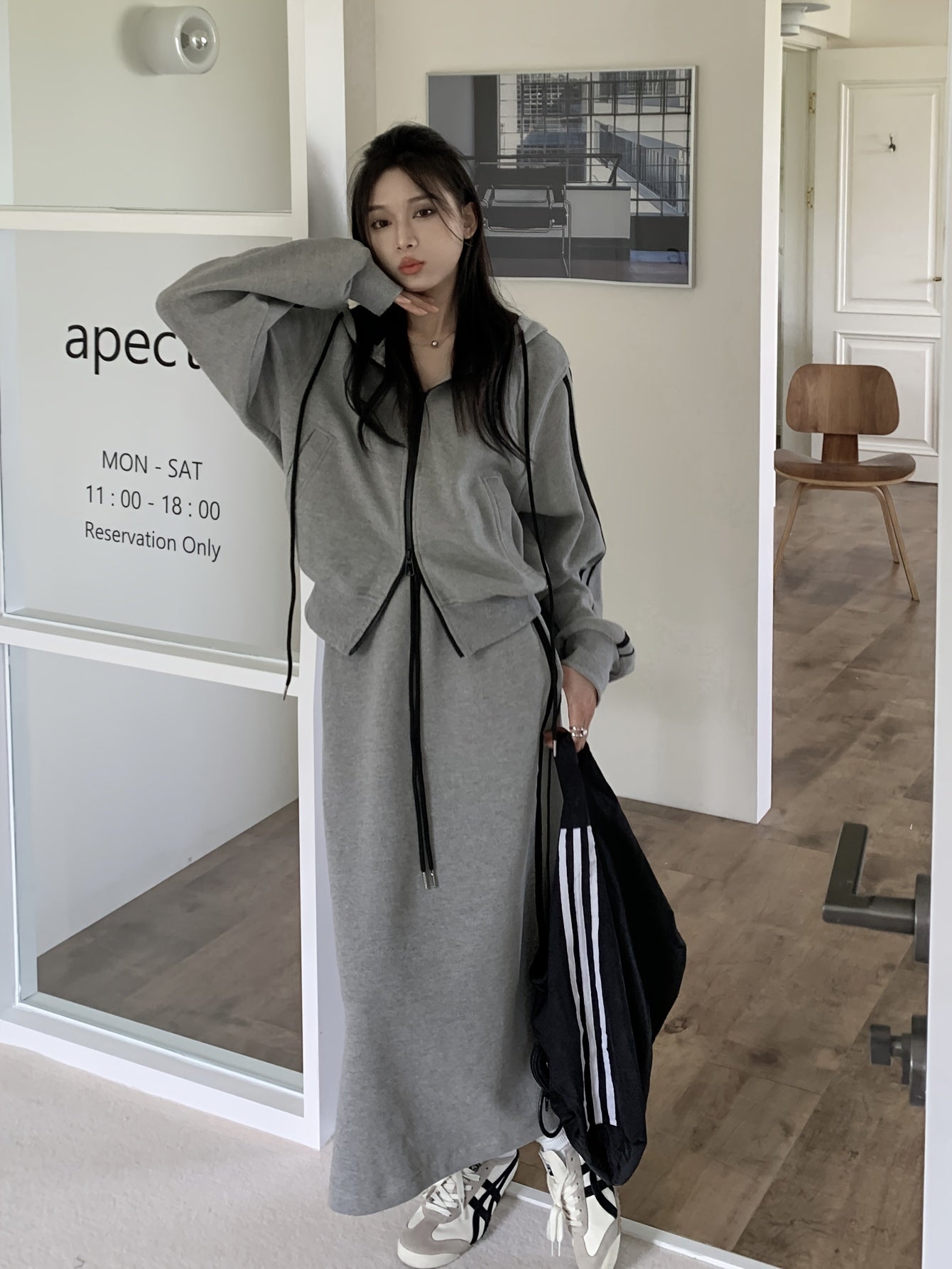 two-piece Women's Striped Trim Skirt Set with Zip Up Long Sleeve Outerwear and Drawstring Skirt - Stylish and Comfortable Outfit for Any Occasion