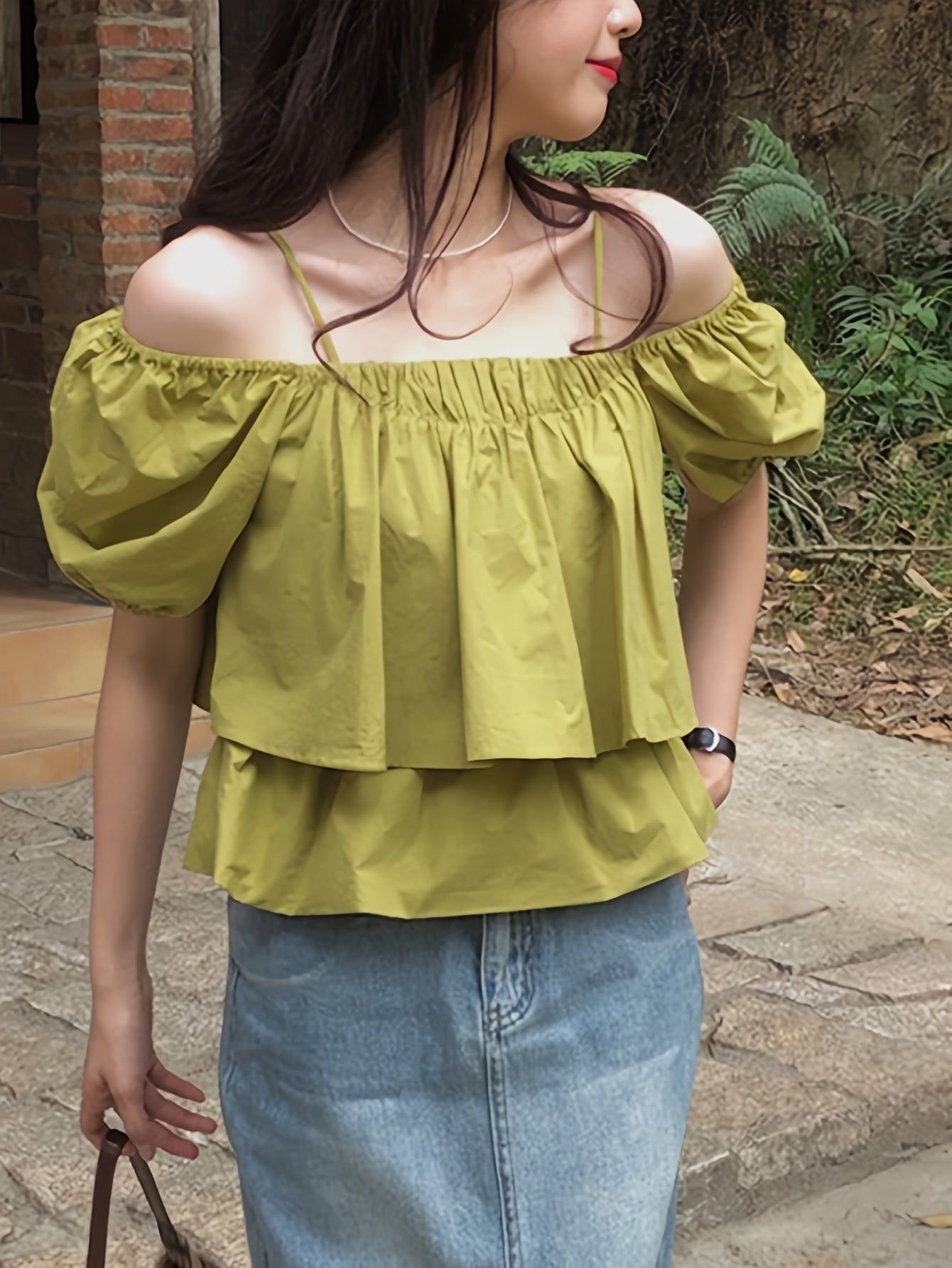 Off-shoulder Tiered Blouse, Casual Short Puff Sleeve Blouse For Spring & Summer, Women's Clothing