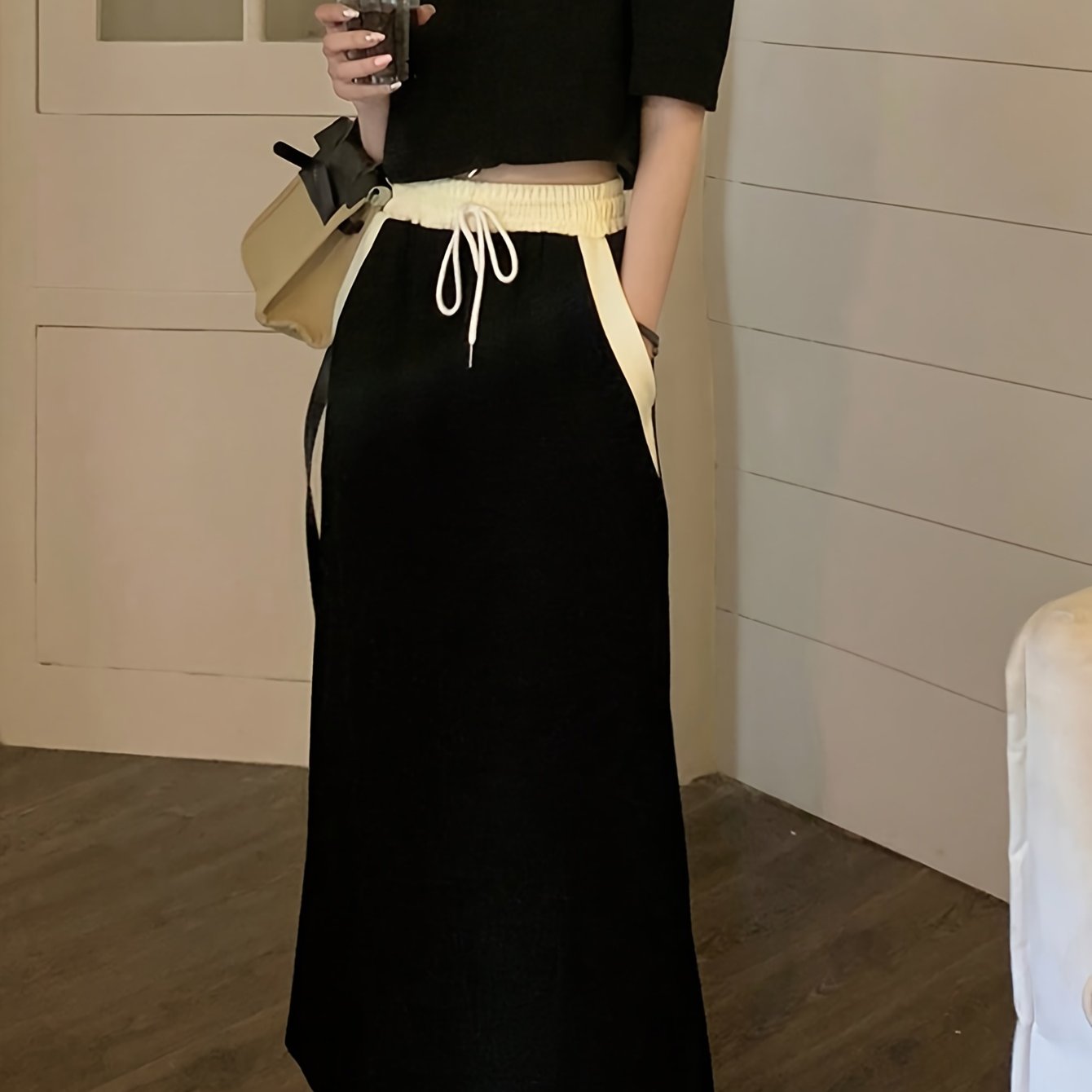 Casual Fashion Skirt Set, Solid Puff Sleeve Crop Top & Color Block Drawstring Slant Pocket Maxi Skirt Outfits, Women's Clothing