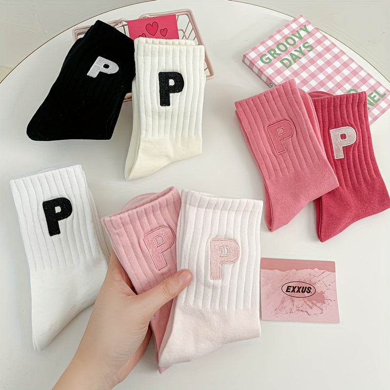 7 Pairs Letter Pattern Ribbed Socks, Comfy & Soft Mid Tube Socks, Women's Stockings & Hosiery