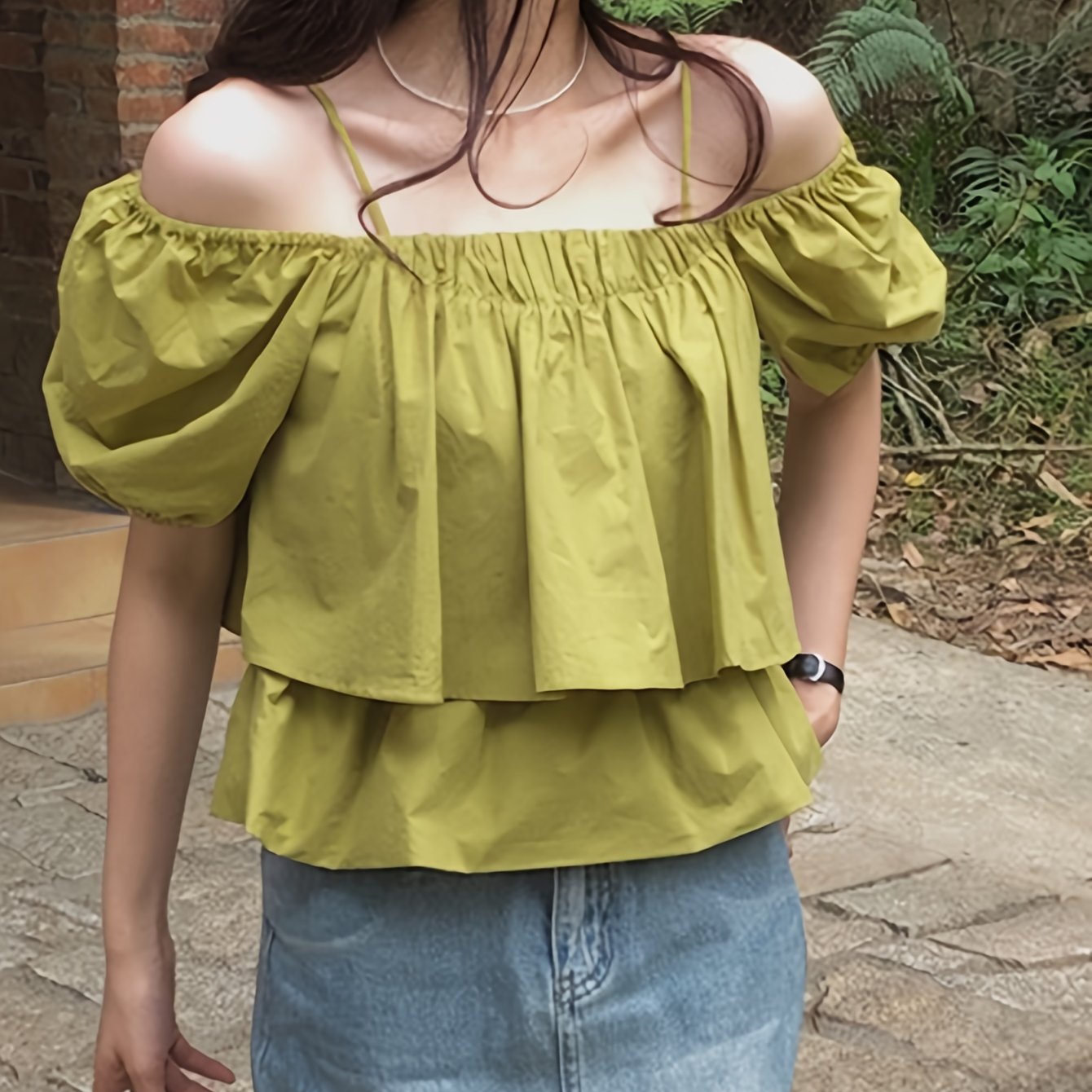 Off-shoulder Tiered Blouse, Casual Short Puff Sleeve Blouse For Spring & Summer, Women's Clothing