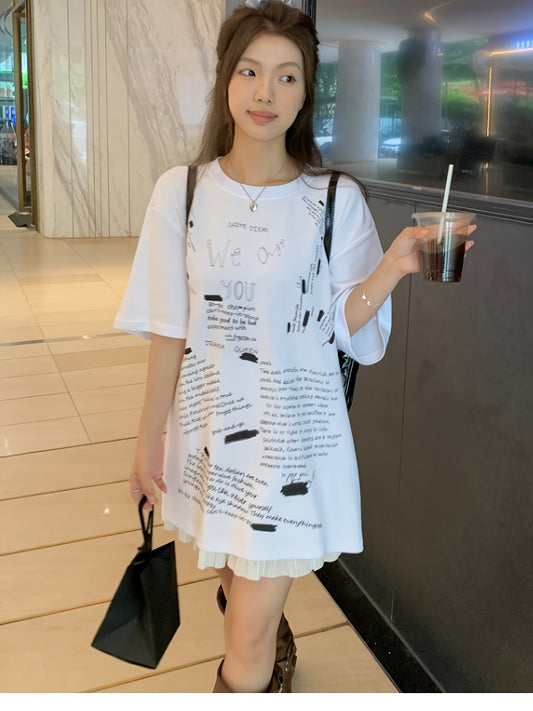 Letter Print Crew Neck T-Shirt, Casual Drop Shoulder Loose T-Shirt For Spring & Summer, Women's Clothing