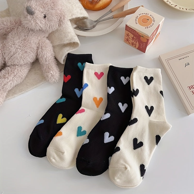 4 Pairs Colorful Heart Print Socks, Cute & Breathable Mid Tube Socks For Valentine's Day, Women's Stockings & Hosiery