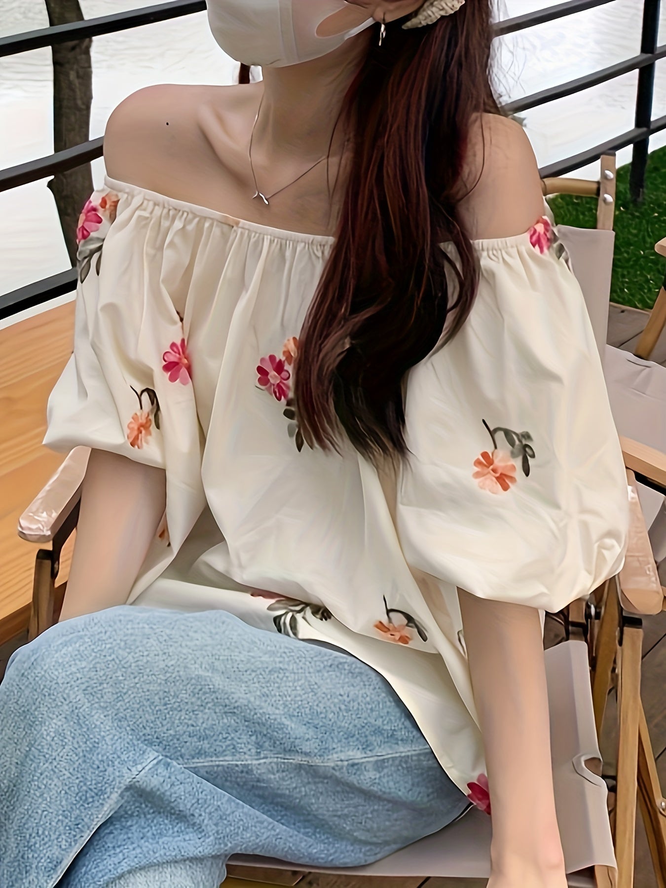 Floral Pattern Off Shoulder Blouse, Elegant Puff Sleeve Summer Blouse, Women's Clothing