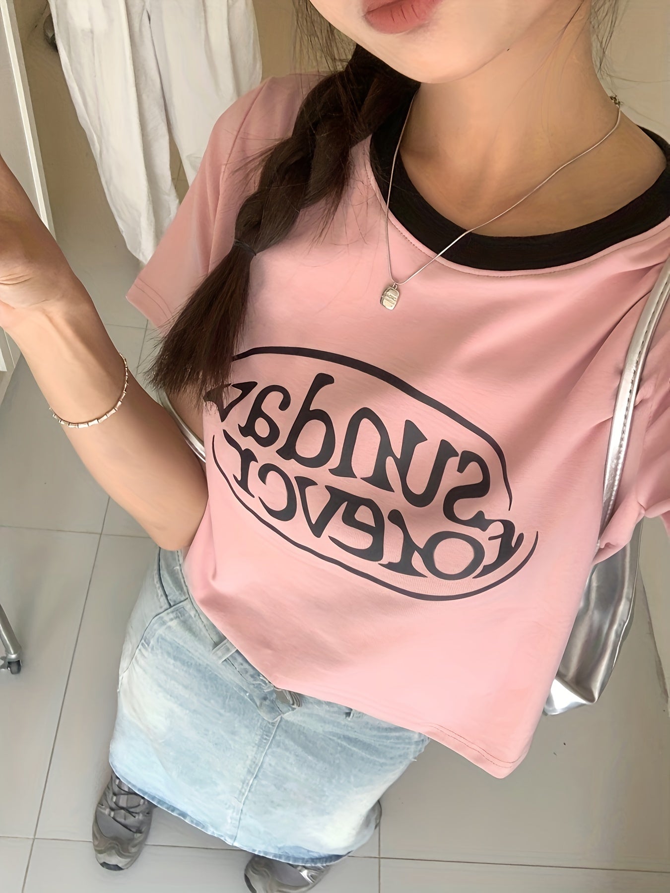 Letter Print Crew Neck T-shirt, Casual Short Sleeve Summer Daily Top, Women's Clothing