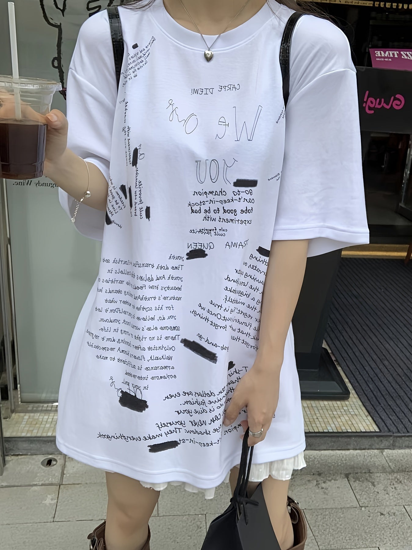 Letter Print Crew Neck T-Shirt, Casual Drop Shoulder Loose T-Shirt For Spring & Summer, Women's Clothing