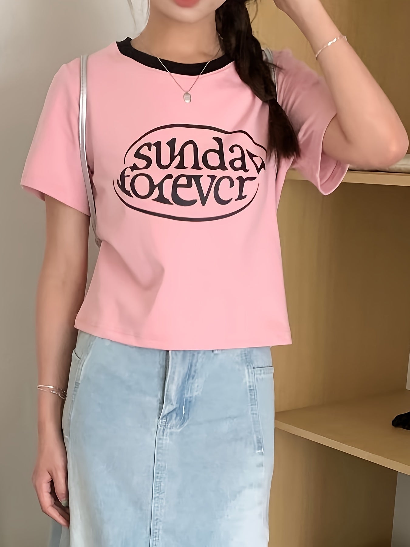 Letter Print Crew Neck T-shirt, Casual Short Sleeve Summer Daily Top, Women's Clothing