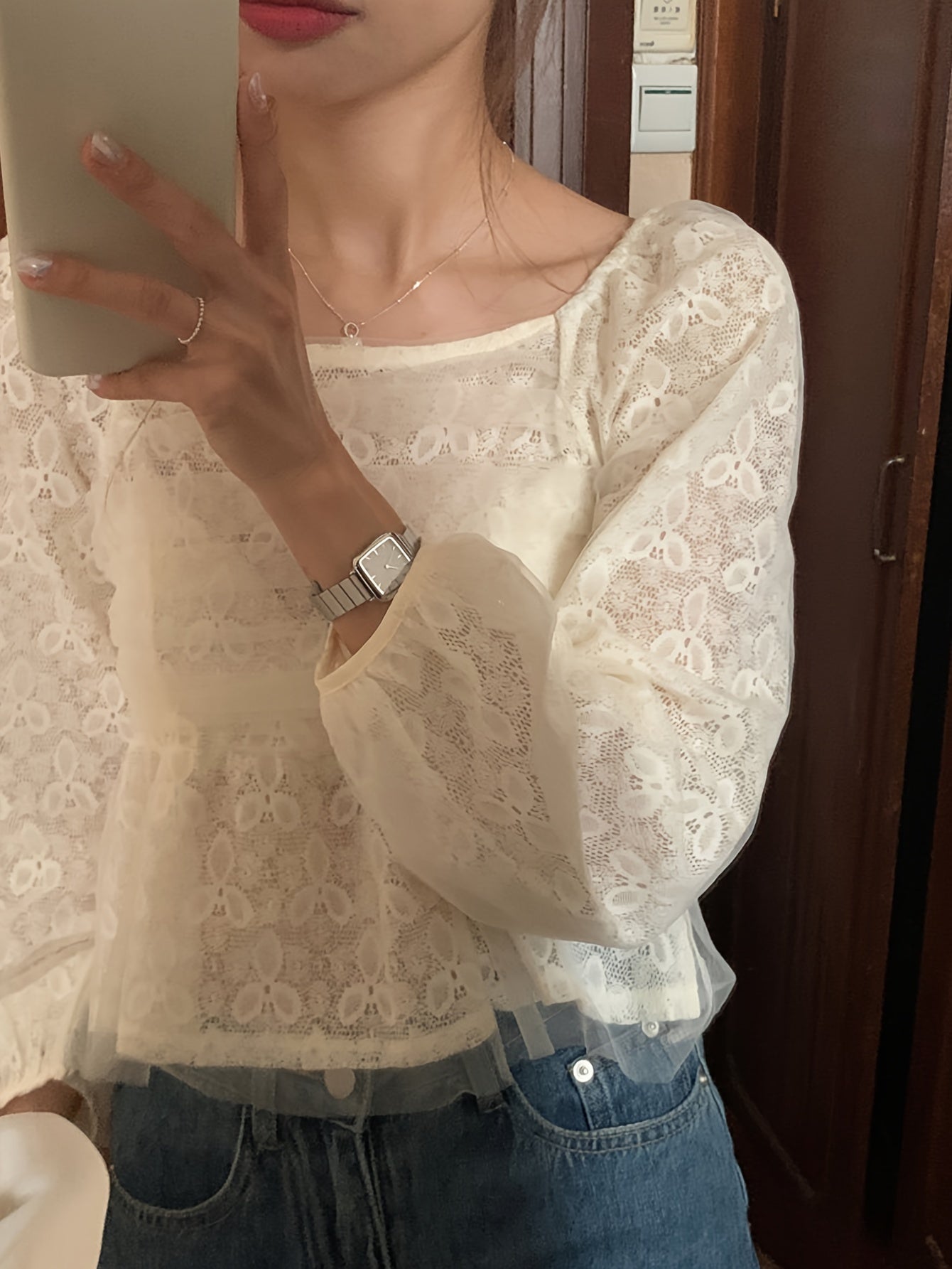 Solid Square Neck Blouse, Elegant Long Sleeve Blouse For Spring & Fall, Women's Clothing