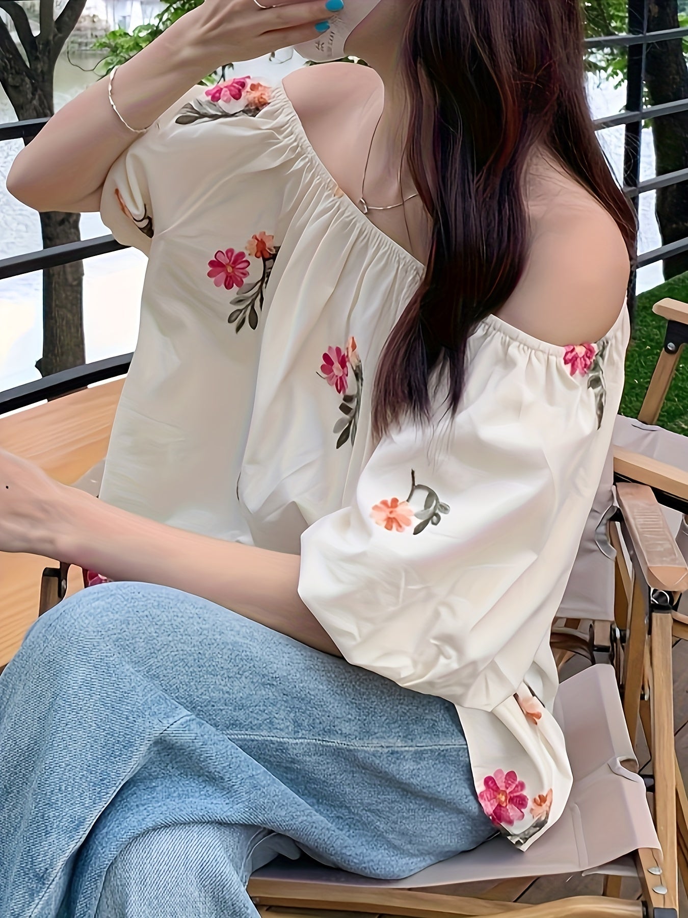 Floral Pattern Off Shoulder Blouse, Elegant Puff Sleeve Summer Blouse, Women's Clothing