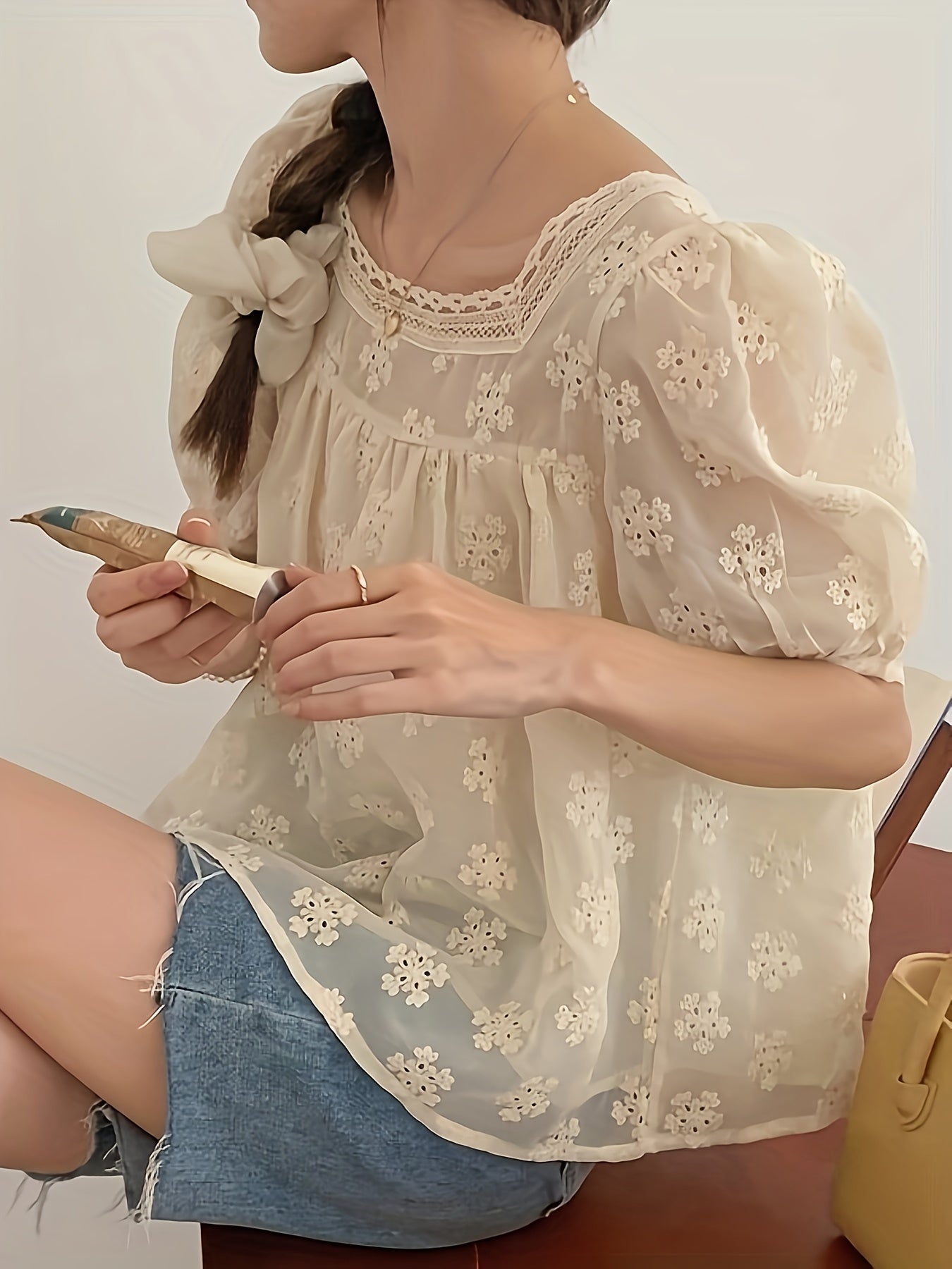 Eyelet Embroidered Square Neck Blouse, Elegant Short Sleeve Loose Blouse For Spring & Summer, Women's Clothing