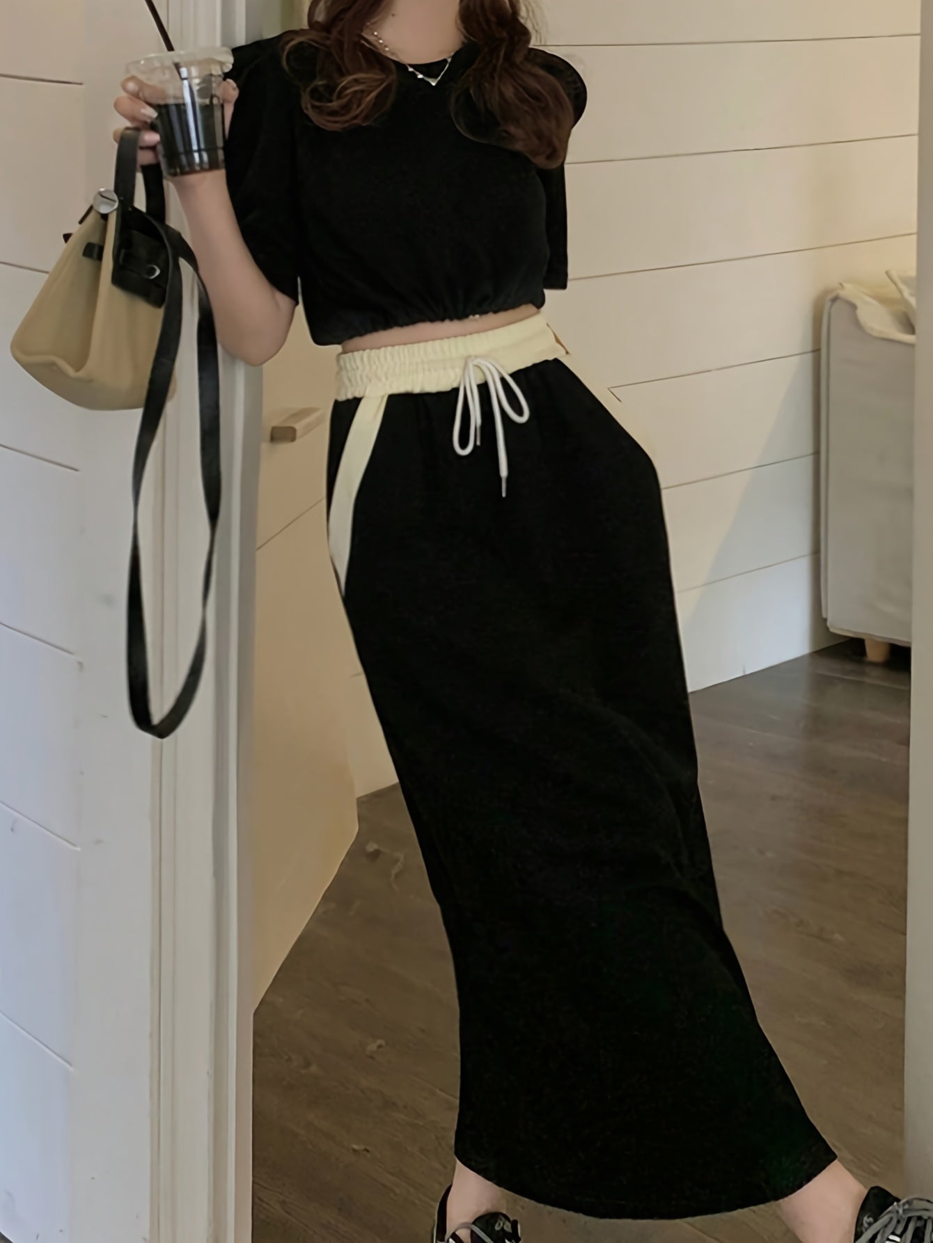 Casual Fashion Skirt Set, Solid Puff Sleeve Crop Top & Color Block Drawstring Slant Pocket Maxi Skirt Outfits, Women's Clothing