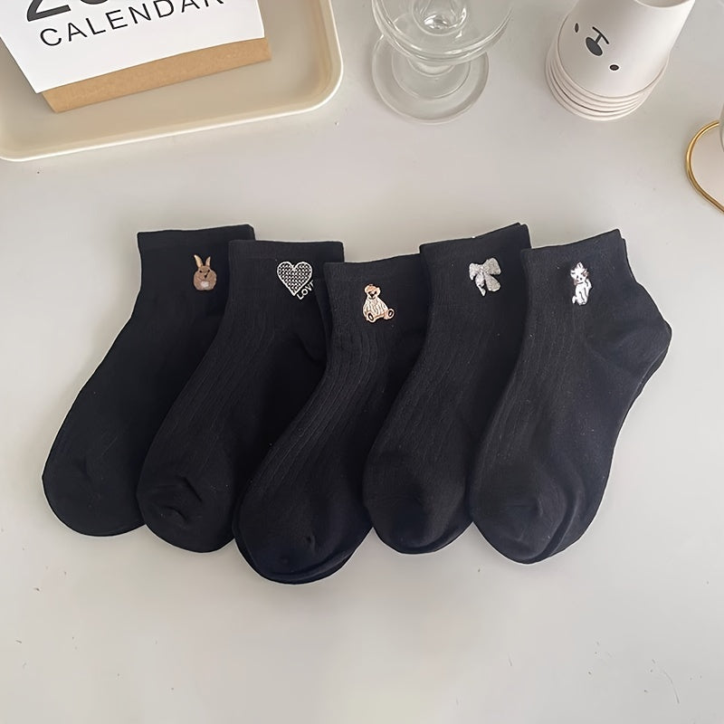 5/10 Pairs Embroidery Socks, Cute & Breathable Crew Socks, Women's Stockings & Hosiery