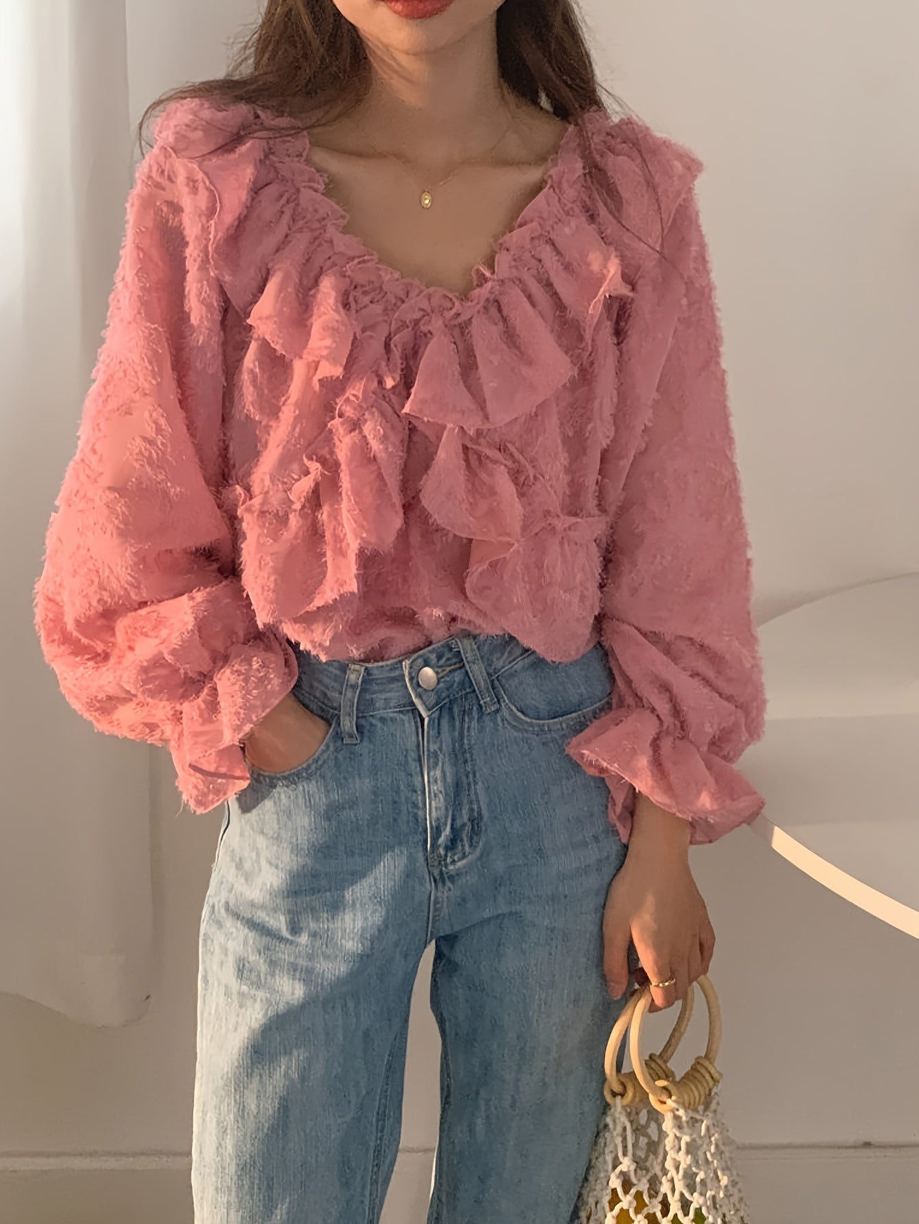 Soldi Floral Pattern Off Shoulder Blouse, Chic Puff Long Sleeve Raw Trim Blouse, Women's Clothing