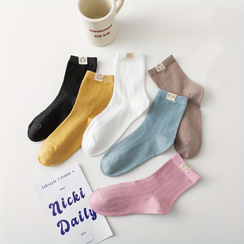 6 Pairs Cartoon Patched Socks, Cute & Breathable Mid Tube Socks, Women's Stockings & Hosiery